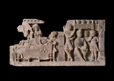 Pannello in rilievo raffigurante il Sogno della Regina Maya, Regione di Gandhara da Pakistani School